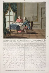 Kardinal de Fleury berät sich mit Marschall de Belle-Isle über die Bedingungen des Friedens, 1735, graviert von Jean Baptiste Morret, 1791